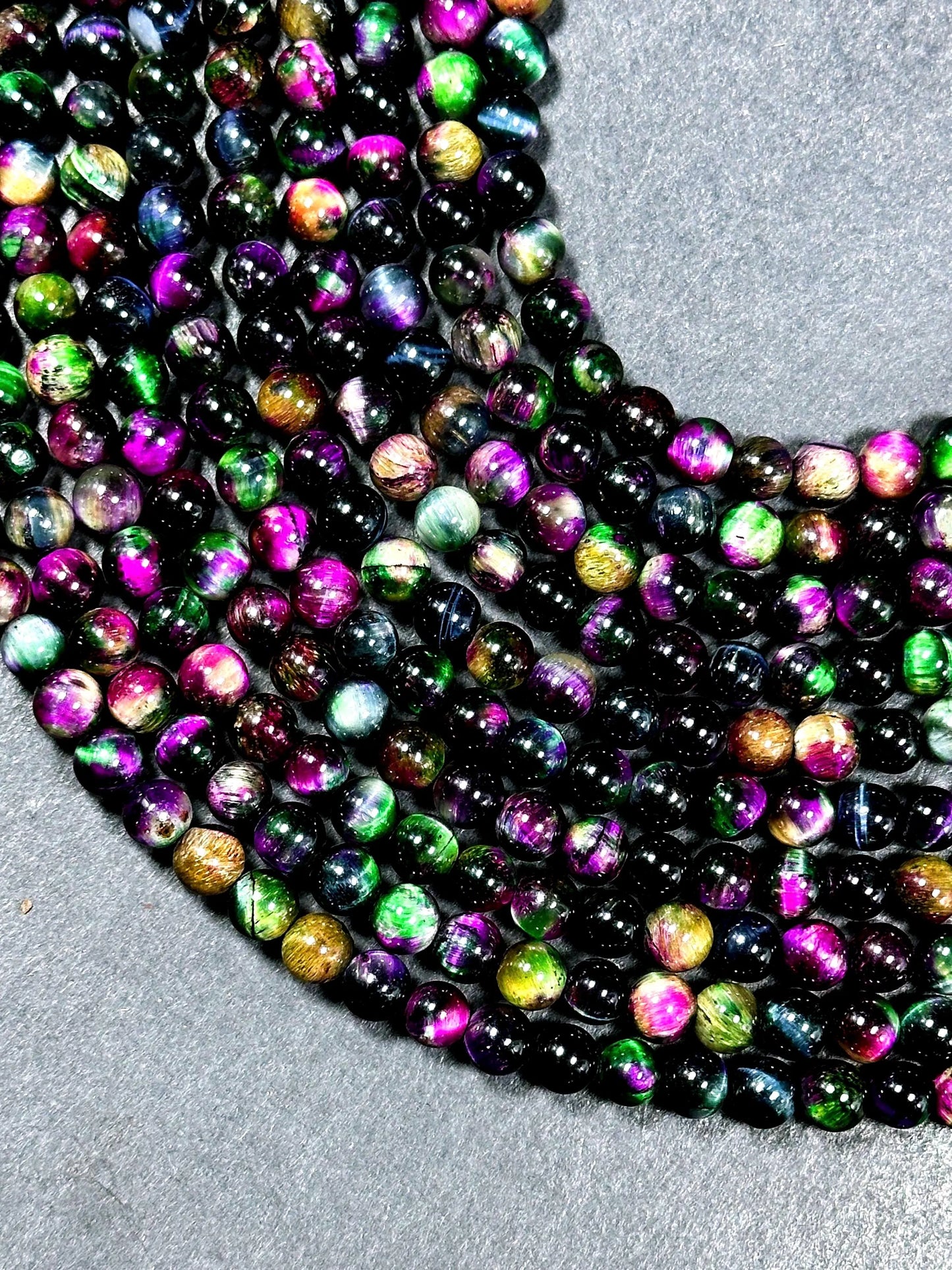 Natural Multicolor Tiger Eye Gemstone 6mm Round Beads, Gorgeous Multicolor Black Pink Green Navy Blue Color Tiger Eye Gemstone Beads 15.5"