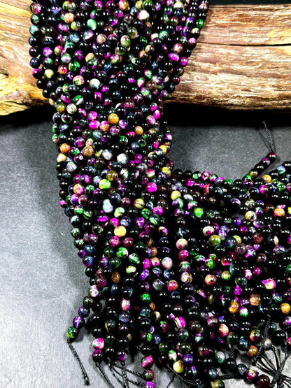 Natural Multicolor Tiger Eye Gemstone 6mm Round Beads, Gorgeous Multicolor Black Pink Green Navy Blue Color Tiger Eye Gemstone Beads 15.5"
