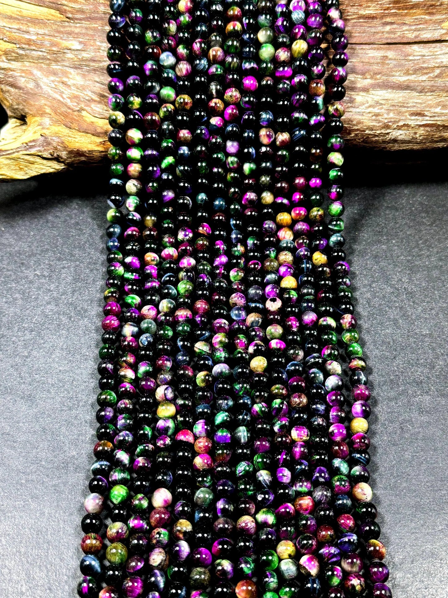 Natural Multicolor Tiger Eye Gemstone 6mm Round Beads, Gorgeous Multicolor Black Pink Green Navy Blue Color Tiger Eye Gemstone Beads 15.5"