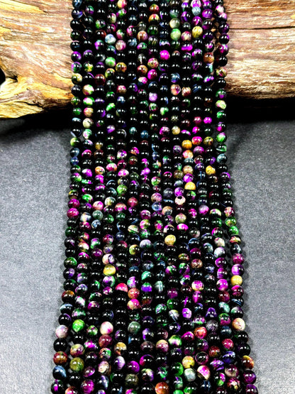 Natural Multicolor Tiger Eye Gemstone 6mm Round Beads, Gorgeous Multicolor Black Pink Green Navy Blue Color Tiger Eye Gemstone Beads 15.5"