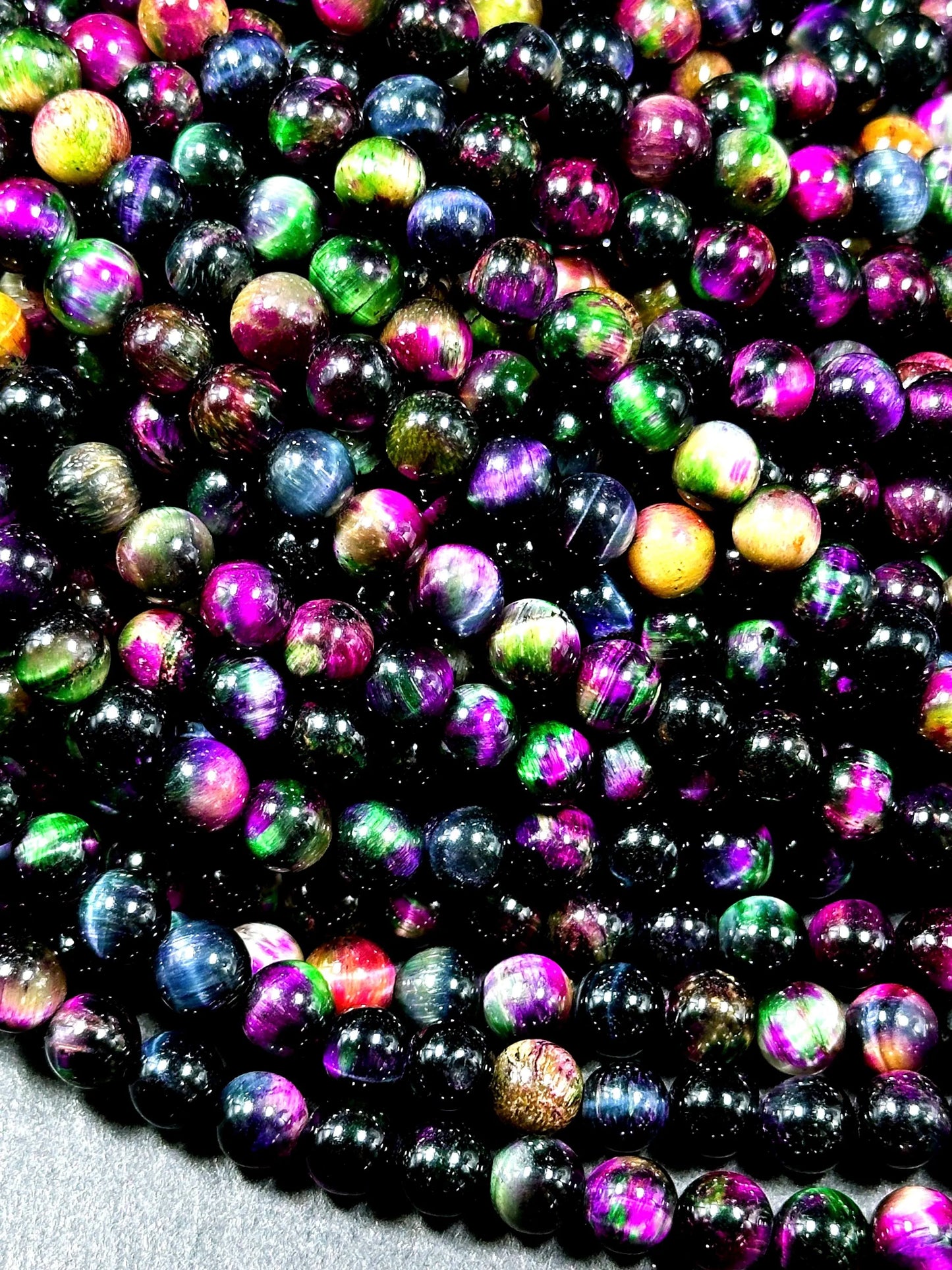 Natural Multicolor Tiger Eye Gemstone 6mm Round Beads, Gorgeous Multicolor Black Pink Green Navy Blue Color Tiger Eye Gemstone Beads 15.5"