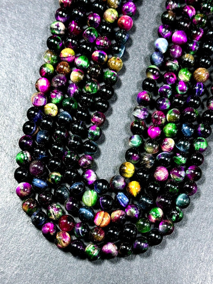 Natural Multicolor Tiger Eye Gemstone 6mm Round Beads, Gorgeous Multicolor Black Pink Green Navy Blue Color Tiger Eye Gemstone Beads 15.5"