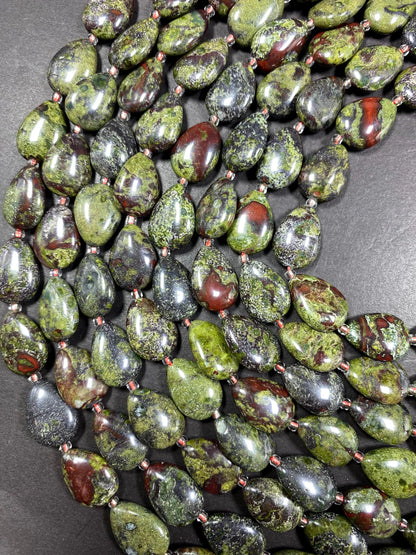 Natural Dragon Bloodstone Gemstone Bead 12x16mm Teardrop Shape Bead, Natural Red Dark Olive Green Color Bloodstone Bead Full Strand 15.5"