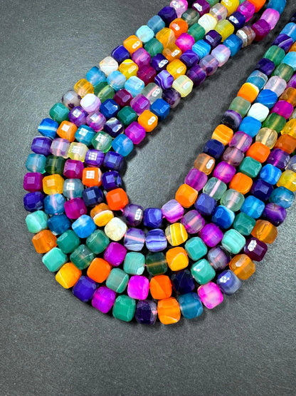 Natural Botswana gemstone bead. Faceted 9mm cube shape bead. Gorgeous pink purple blue multi color  gemstone. High quality! Full strand 15.5