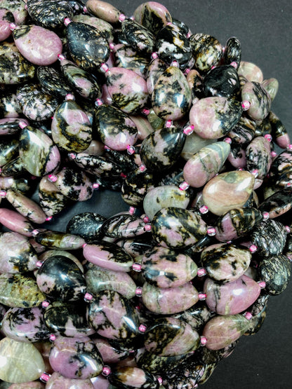 NATURAL Rhodonite Gemstone Bead. 13x16mm Teardrop Shape Beads. Beautiful Black Pink Color. Full Strand 15.5"