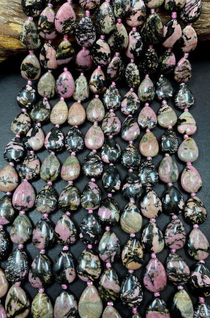 NATURAL Rhodonite Gemstone Bead. 13x16mm Teardrop Shape Beads. Beautiful Black Pink Color. Full Strand 15.5"