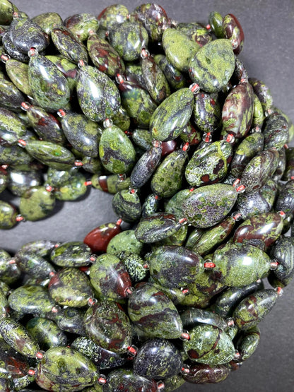 Natural Dragon Bloodstone Gemstone Bead 12x16mm Teardrop Shape Bead, Natural Red Dark Olive Green Color Bloodstone Bead Full Strand 15.5"