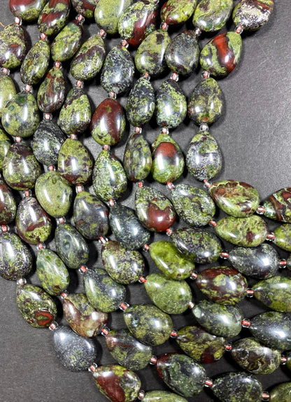 Natural Dragon Bloodstone Gemstone Bead 12x16mm Teardrop Shape Bead, Natural Red Dark Olive Green Color Bloodstone Bead Full Strand 15.5"