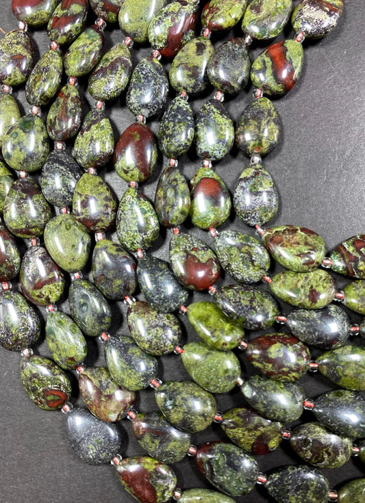 Natural Dragon Bloodstone Gemstone Bead 12x16mm Teardrop Shape Bead, Natural Red Dark Olive Green Color Bloodstone Bead Full Strand 15.5"