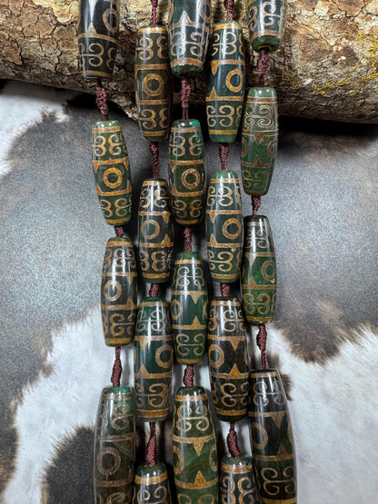 Natural Tibetan gemstone bead. barrel shape . gorgeous green brown color. hand painted gemstone bead. full strand 15.5”