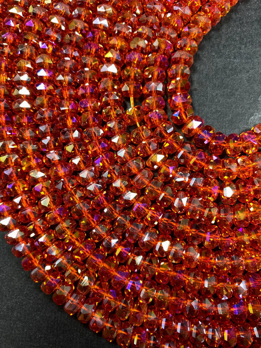 Beautiful Clear Orange Chinese Crystal Glass Bead Faceted 5x8mm Rondelle Bead, Gorgeous Iridescent Clear Great Quality Glass