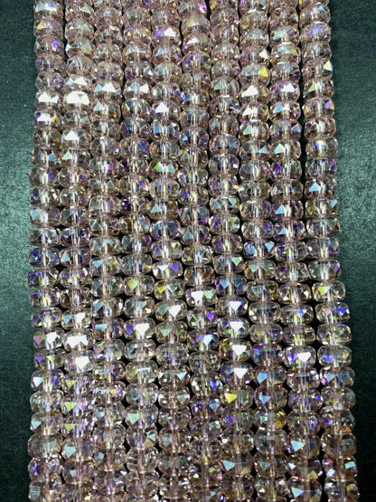 Beautiful Clear Pink Chinese Crystal Glass Bead Faceted 5x8mm Rondelle Bead, Gorgeous Iridescent Clear Great Quality Glass