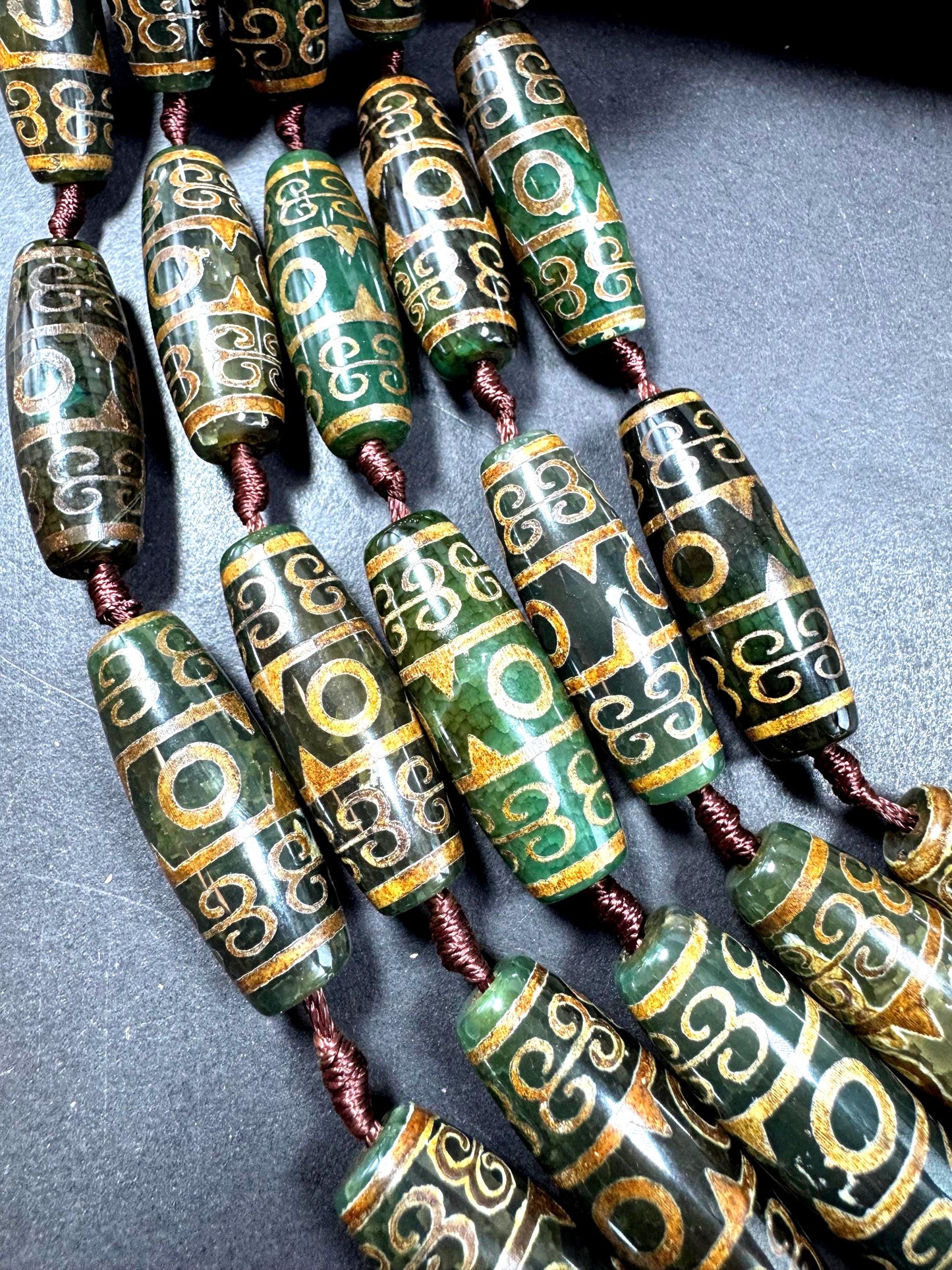 Natural Tibetan gemstone bead. barrel shape . gorgeous green brown color. hand painted gemstone bead. full strand 15.5”