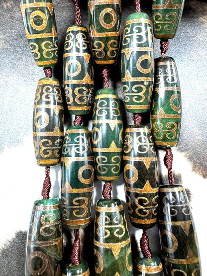 Natural Tibetan gemstone bead. barrel shape . gorgeous green brown color. hand painted gemstone bead. full strand 15.5”