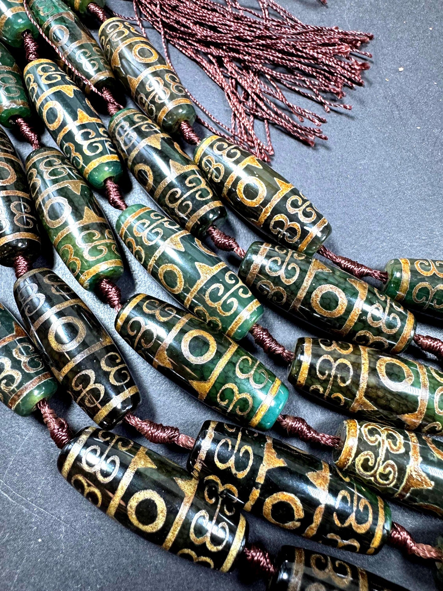 Natural Tibetan gemstone bead. barrel shape . gorgeous green brown color. hand painted gemstone bead. full strand 15.5”