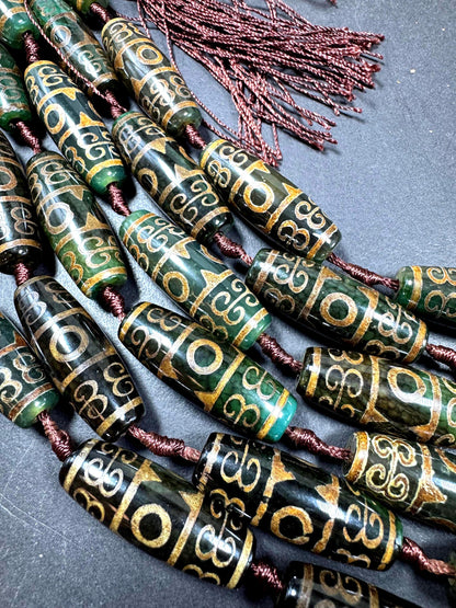 Natural Tibetan gemstone bead. barrel shape . gorgeous green brown color. hand painted gemstone bead. full strand 15.5”