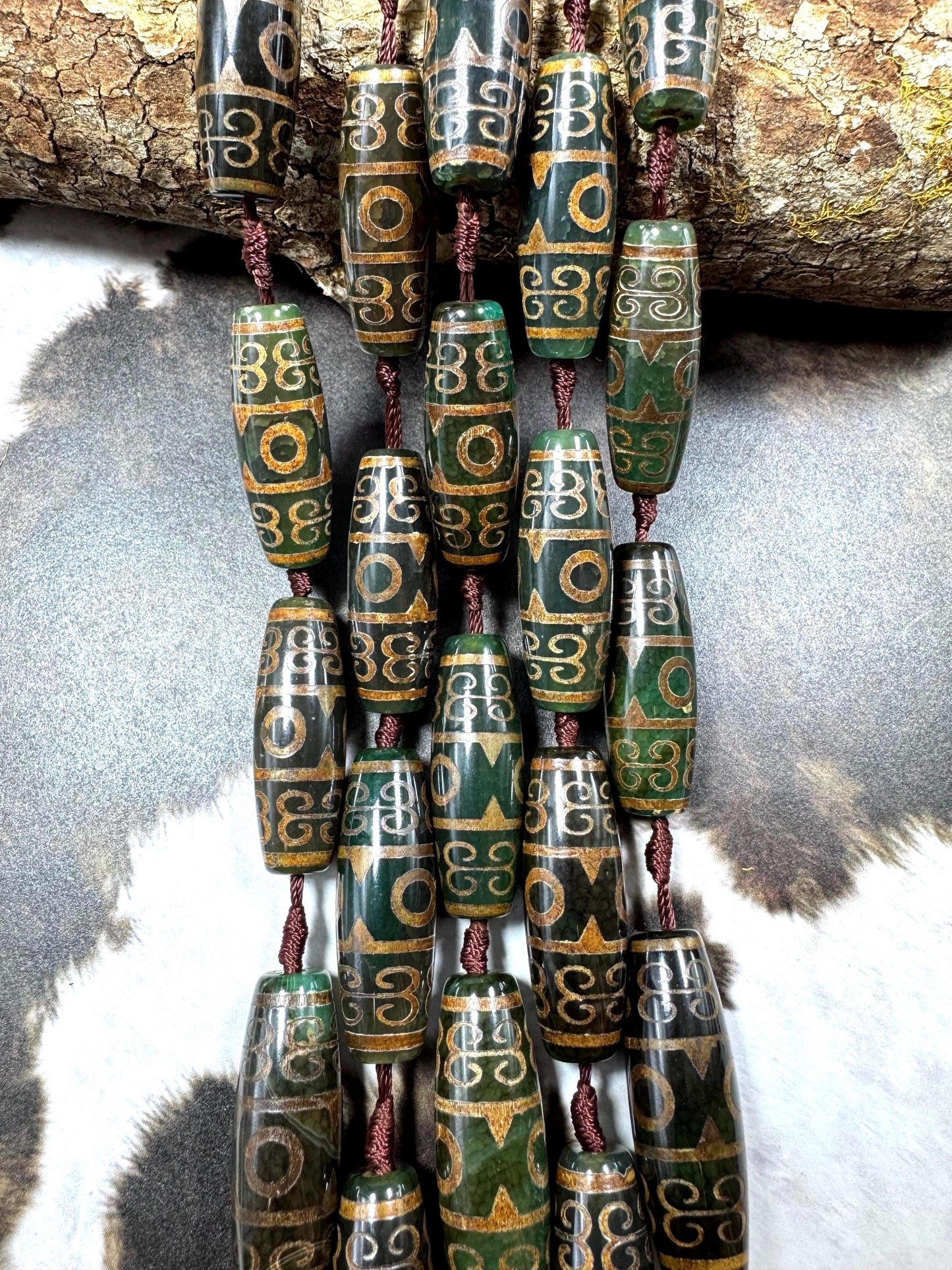 Natural Tibetan gemstone bead. barrel shape . gorgeous green brown color. hand painted gemstone bead. full strand 15.5”