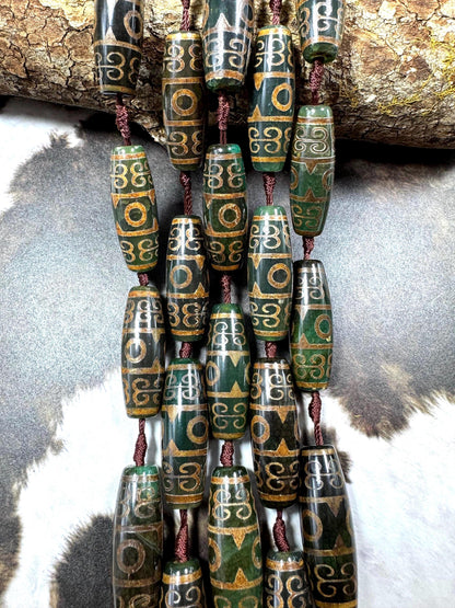 Natural Tibetan gemstone bead. barrel shape . gorgeous green brown color. hand painted gemstone bead. full strand 15.5”