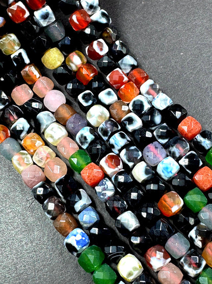 Natural multi color gemstone bead. cube shape . beautiful black with white red green multi color agate bead. excellent quality full strand