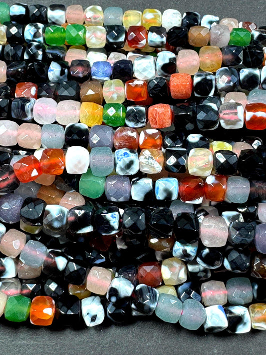 Natural multi color gemstone bead. cube shape . beautiful black with white red green multi color agate bead. excellent quality full strand