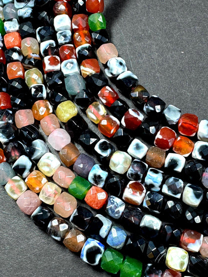 Natural multi color gemstone bead. cube shape . beautiful black with white red green multi color agate bead. excellent quality full strand