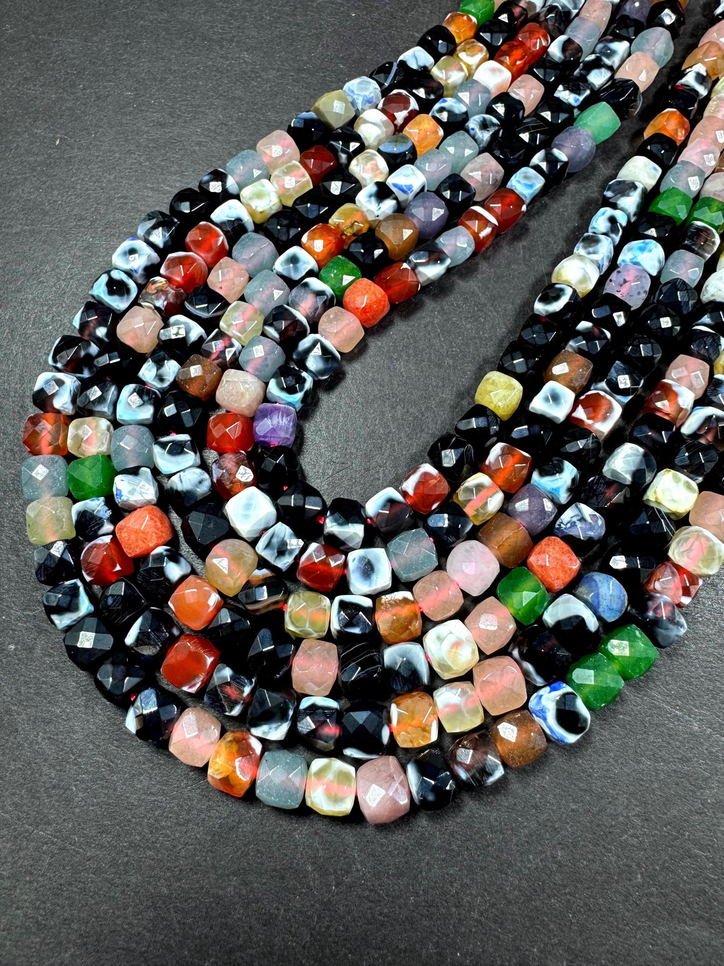 Natural multi color gemstone bead. cube shape . beautiful black with white red green multi color agate bead. excellent quality full strand