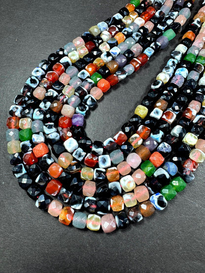 Natural multi color gemstone bead. cube shape . beautiful black with white red green multi color agate bead. excellent quality full strand