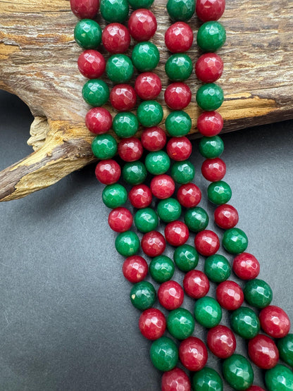 Natural Red Green Jade Gemstone Bead. Faceted round bead. Gorgeous Christmas color gemstone bead. Full strand 15.5
