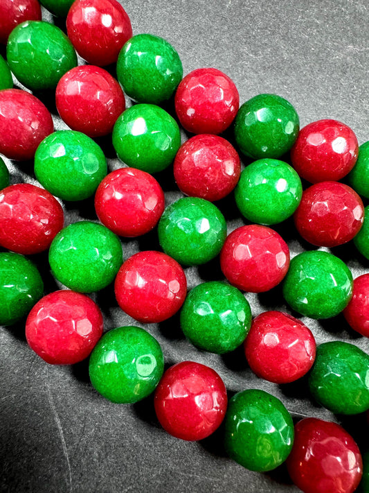Natural Red Green Jade Gemstone Bead. Faceted round bead. Gorgeous Christmas color gemstone bead. Full strand 15.5