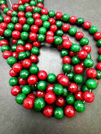 Natural Red Green Jade Gemstone Bead. Faceted round bead. Gorgeous Christmas color gemstone bead. Full strand 15.5