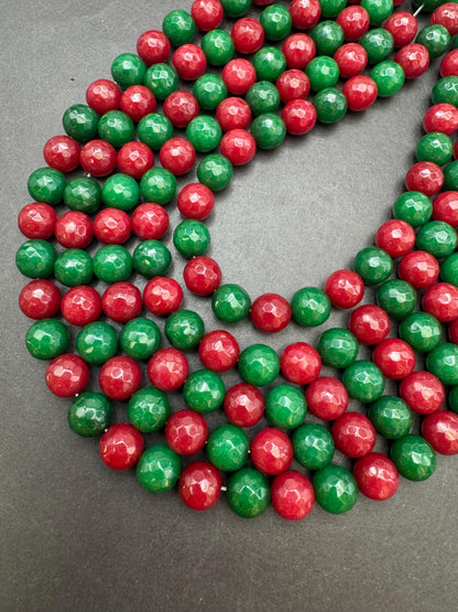 Natural Red Green Jade Gemstone Bead. Faceted round bead. Gorgeous Christmas color gemstone bead. Full strand 15.5