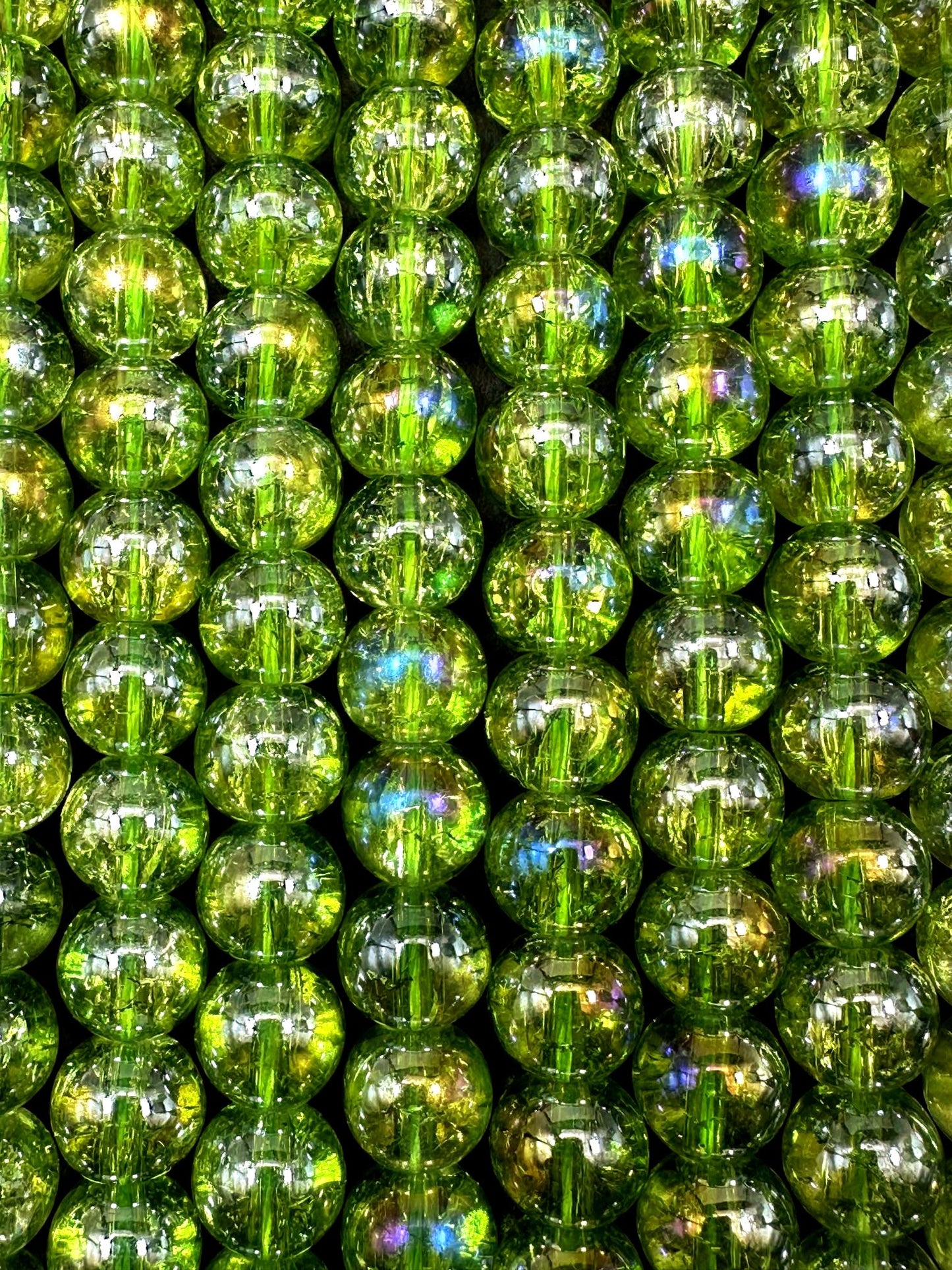 Lime Green Crystal Glass Smooth Bead with Rainbow Flash. High quality crystal bead! Full strand 15.5