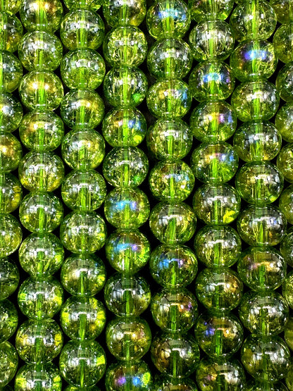 Lime Green Crystal Glass Smooth Bead with Rainbow Flash. High quality crystal bead! Full strand 15.5