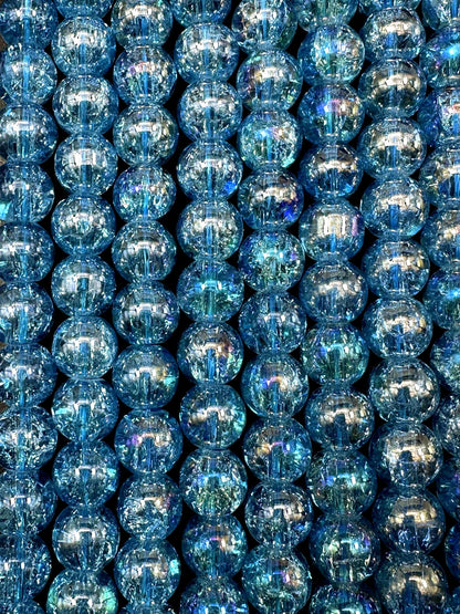Turquoise Blue Crystal Glass Smooth Bead with Rainbow Flash. High quality crystal bead! Full strand 15.5