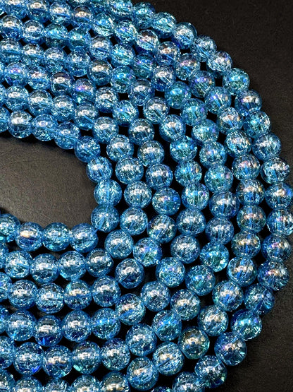 Turquoise Blue Crystal Glass Smooth Bead with Rainbow Flash. High quality crystal bead! Full strand 15.5