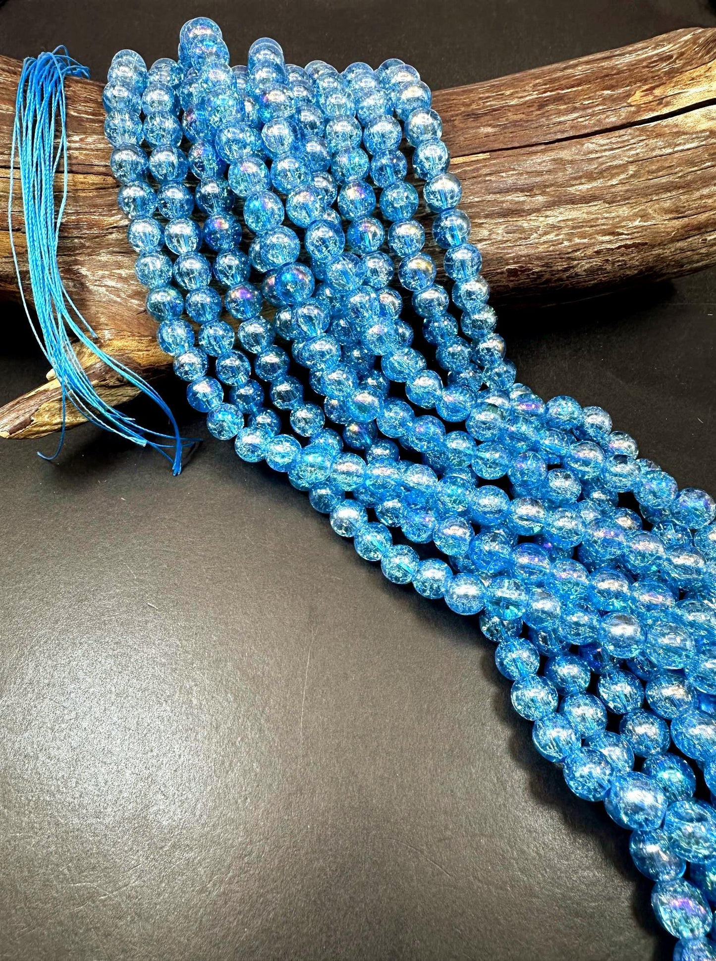 Light Blue Crystal Glass Smooth Bead with Rainbow Flash. High quality crystal bead! Full strand 15.5