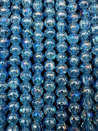 Light Blue Crystal Glass Smooth Bead with Rainbow Flash. High quality crystal bead! Full strand 15.5