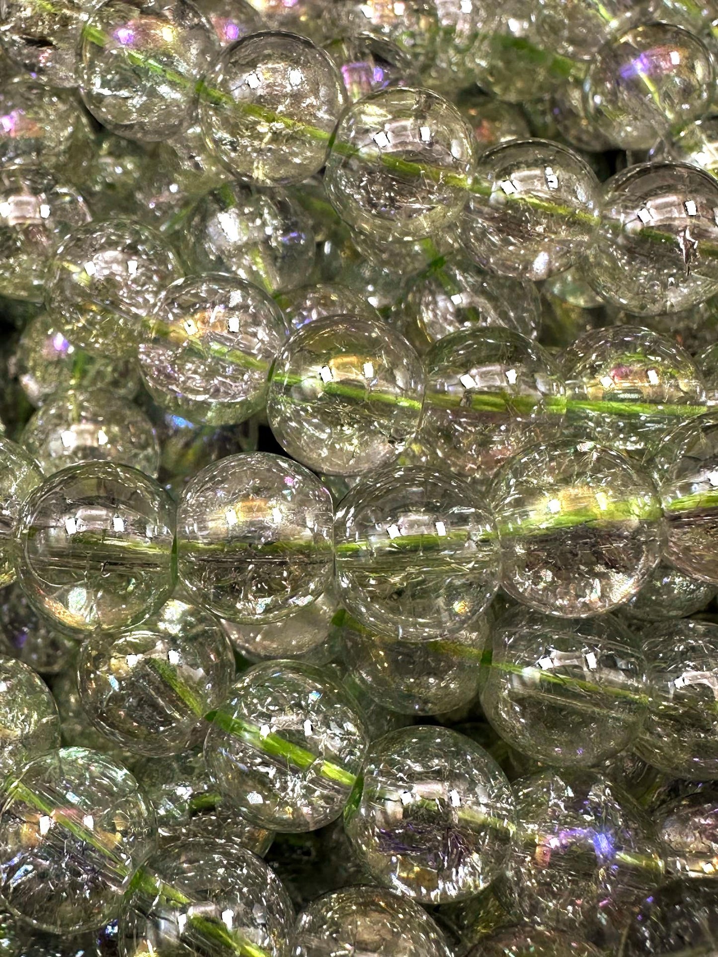Clear Green Crystal Glass Smooth Bead with Rainbow Flash. High quality crystal bead! Full strand 15.5