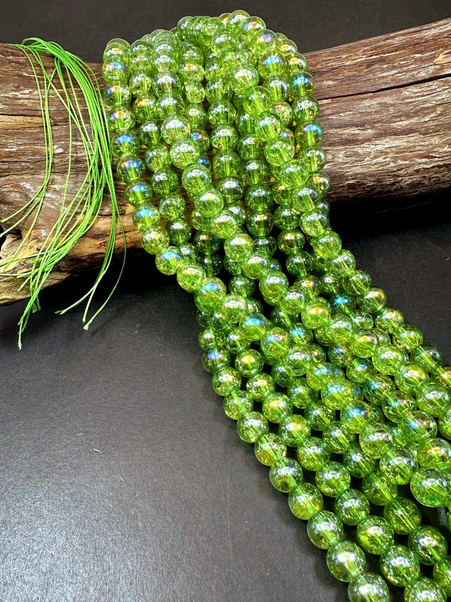 Lime Green Crystal Glass Smooth Bead with Rainbow Flash. High quality crystal bead! Full strand 15.5