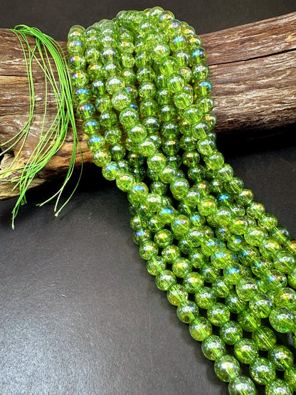 Lime Green Crystal Glass Smooth Bead with Rainbow Flash. High quality crystal bead! Full strand 15.5
