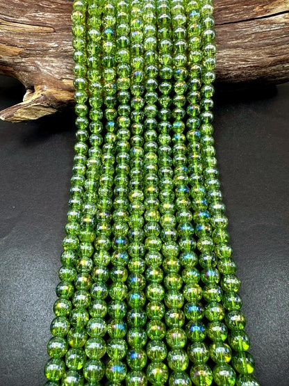 Lime Green Crystal Glass Smooth Bead with Rainbow Flash. High quality crystal bead! Full strand 15.5