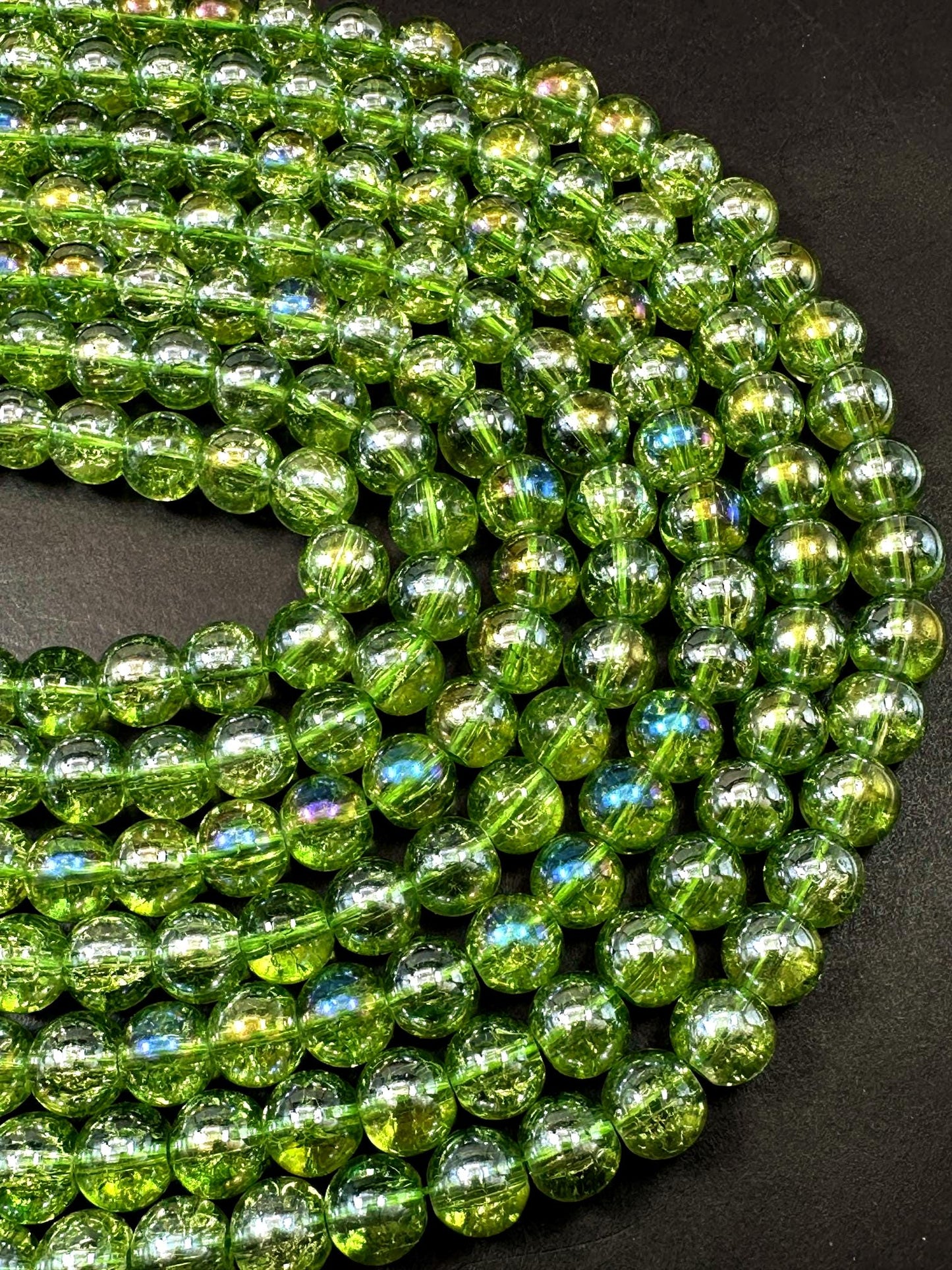 Lime Green Crystal Glass Smooth Bead with Rainbow Flash. High quality crystal bead! Full strand 15.5