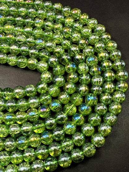 Lime Green Crystal Glass Smooth Bead with Rainbow Flash. High quality crystal bead! Full strand 15.5