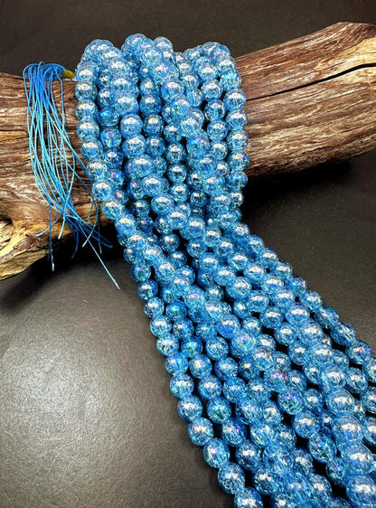 Turquoise Blue Crystal Glass Smooth Bead with Rainbow Flash. High quality crystal bead! Full strand 15.5