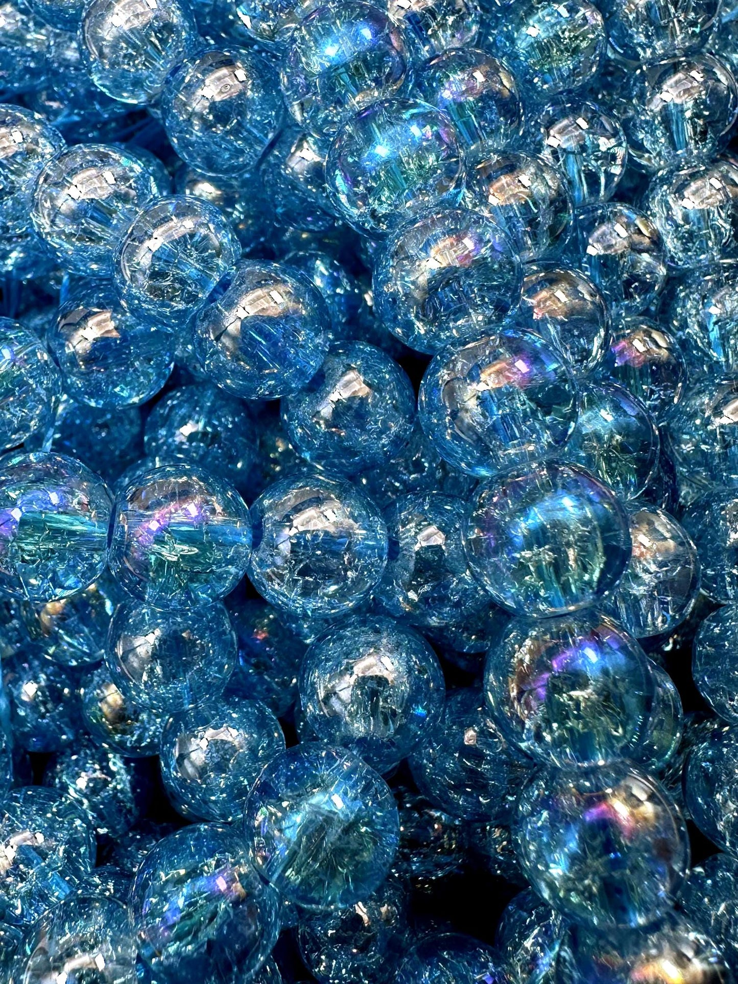 Turquoise Blue Crystal Glass Smooth Bead with Rainbow Flash. High quality crystal bead! Full strand 15.5