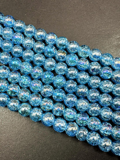 Turquoise Blue Crystal Glass Smooth Bead with Rainbow Flash. High quality crystal bead! Full strand 15.5