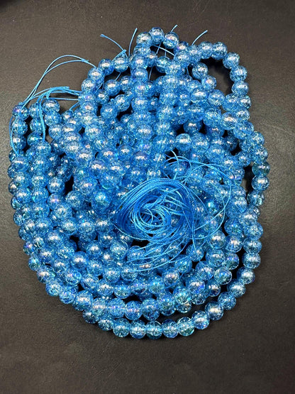 Light Blue Crystal Glass Smooth Bead with Rainbow Flash. High quality crystal bead! Full strand 15.5