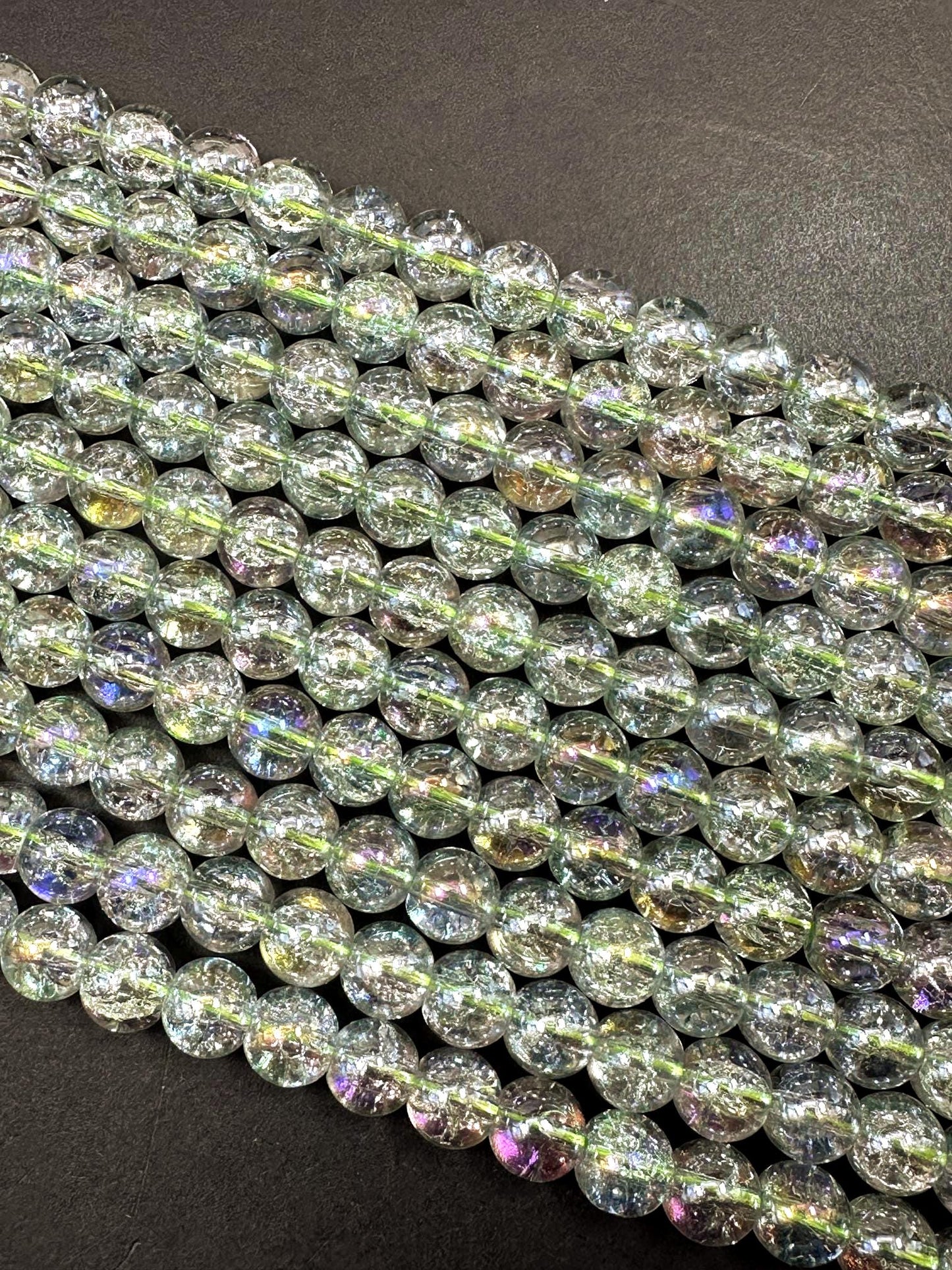 Clear Green Crystal Glass Smooth Bead with Rainbow Flash. High quality crystal bead! Full strand 15.5