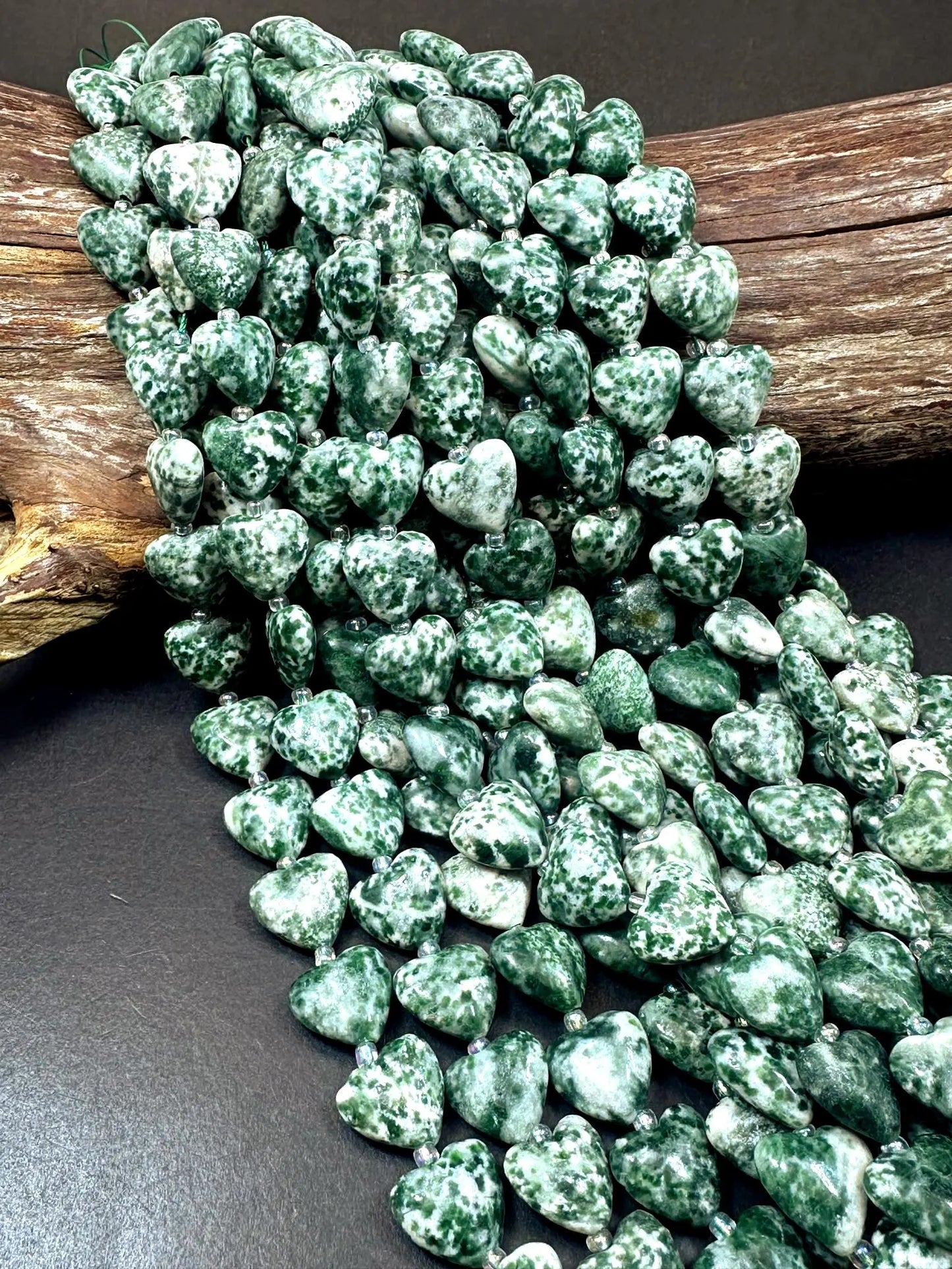 Natural Tree Agate Heart Shaped Bead 14mm. Gorgeous green white color gemstone bead. Great quality 15"