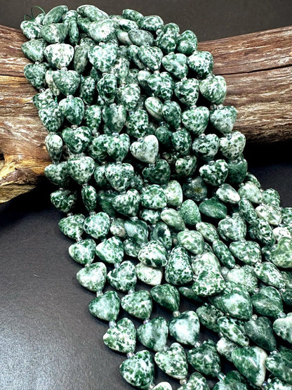 Natural Tree Agate Heart Shaped Bead 14mm. Gorgeous green white color gemstone bead. Great quality 15"
